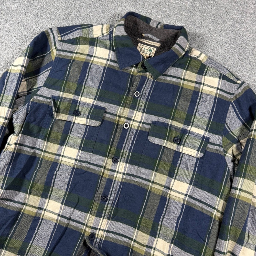 LL Bean Fleece Lined Flannel Shirt Mens L Tall Plaid Traditional Fit Overshirt - Picture 2 of 7